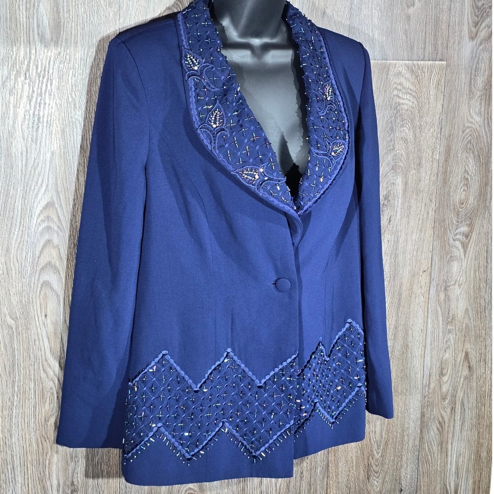 Justin Taylor Women's Beaded Embellished Formal Blazer Jacket Blue Sz 10